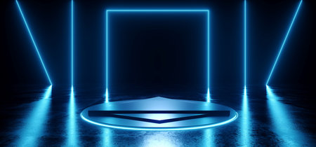 Sci Fi Cyber Empty Stage Podium Futuristic Neon Glowing Blue Vibrant Electric Laser Lights On Tiled Stone Cement Asphalt Road Hangar Room Tunnel Underground Showroom 3D Rendering illustrationの写真素材