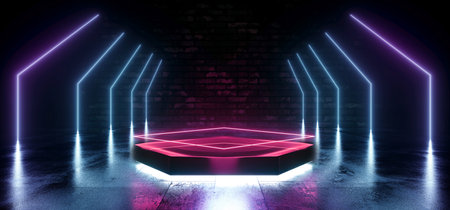 Cyber Neon Sci Fi Hangar Hallway Cement Stage Brick Club Room Retro Podium Product Showcase Laser Electric Vibrant Futuristic Blue Purple Beams Dark Concrete Grunge Basement 3D Rendering Illustrationの写真素材