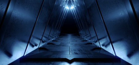Sci Fi Futuristic Cyber Alien Triangle Blue Glowing Spot Lights Corridor Hallway Tunnel Metal Concrete Tiles Realistic Dark 3D  Rendering Illustrationの写真素材