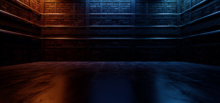 Cyber Neon Sci Fi Futuristic Blue Orange Spot Lights Glowing On Rough Brick Walls Cement Concrete Floor Club Stage Showroom Empty Advertise Room 3D Rendering Illustrationの写真素材