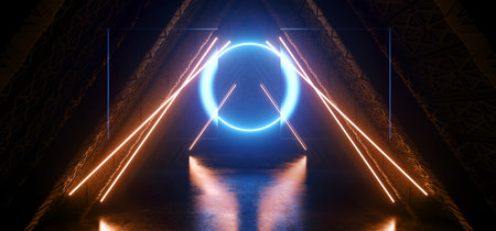Sci Fi Futuristic Cyber Neon Glowing Lines And Circle Shapes Triangle Tunnel Corridor Concrete Glossy Asphalt Barn Hangar Basement 3D Rendering Illustrationの写真素材