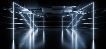 Dark Sci Fi Futuristic Modern Grunge Cement Concrete Metal Structure Room Laser Lights Glowing Blue Glossy Asphalt Floor Showroom Stage Hallway Tunnel 3D Rendering Illustrationの写真素材
