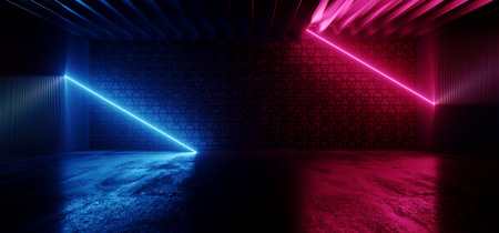Cyber Spaceship Neon Blue Red Laser Hallway Tunnel Corridor Metal Wall Concrete Floor Showroom Empty Podium Parking Hangar 3D Rendering Illustrationの写真素材