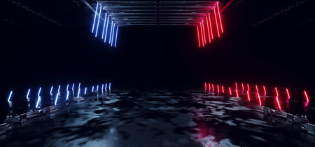 Sci Fi Futuristic Laser Neon Glowing Blue Red Lights On Glossy Grunge Metal Surface With Cables Dark...