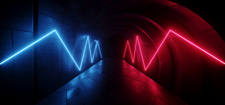 Alien Bouncing Neon Tubes Laser Sci Fi Futuristic Cyber Concrete Hallway Tunnel Corridor Purple Blue...