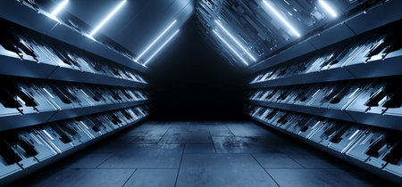 Sci Fi Modern Dark Cyberpunk Car Parking Corridor Showroom Tunnel Hangar Garage Metal Cement...