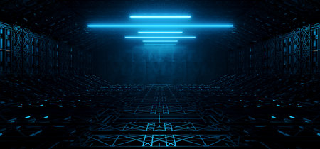 Sci Fi Futuristic Garage Blue Lights Warehouse Tunnel Corridor Metal Construction Dark Underground...