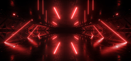 Alien Futuristic Garage Studio Showroom Tunnel Corridor Neon Lasers Glow VIbrant Red Glossy Dark Nights Cyber Empty Stage 3D Rendering Illustrationの写真素材