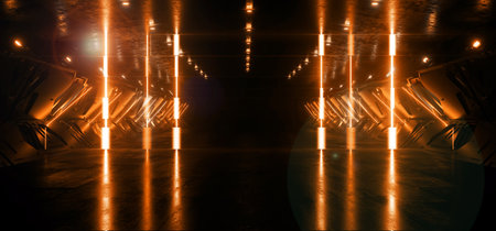 Alien Futuristic Garage Studio Underground Showroom Tunnel Corridor Neon Lasers Glow VIbrant Yellow Glossy Dark Nights Cyber Empty Road Stage 3D Rendering Illustrationの写真素材