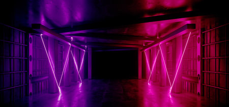 Neon Warehouse Sci Fi Futuristic Grunge Purple Ultraviolet Glowing Laser Electric Concrete Stage...