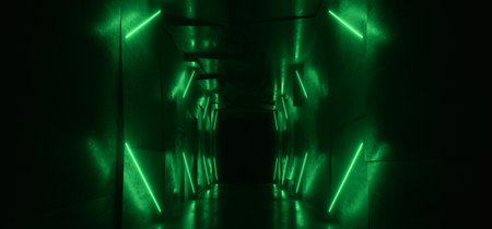 Green Sci Fi Neon Glowing Modern Futuristic Laser Electric Cyber Lights Tunnel Hangar Corridor...