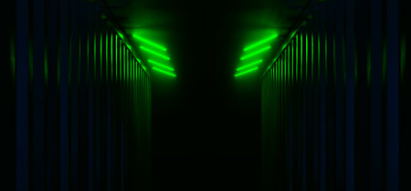 Dark Hallway Columns Parking Concrete Cement Stone Pillars Corridor Hall Tunnel Underground Sci Fi Futuristic  Neon Green Led Lights Spaceship 3D Rendering Illustrationの写真素材