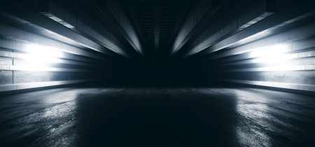 Big Hall Concrete Automotive Hangar Futuristic Showroom Clean Dark Cement Stage Warehouse Huge Tunnel Corridor Basement Underground Spotlight Grunge Realistic 3D Rendering Illustrationの写真素材