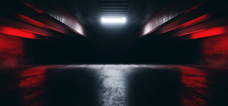 Modern Concrete Automotive Hangar Futuristic Showroom Clean Dark Cement Stage Warehouse Huge Tunnel Corridor Basement Underground Spotlight Grunge Realistic 3D Rendering Illustrationの写真素材