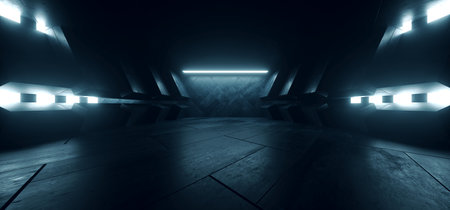 Modern Underground Massive Concrete Cement Blocks Hallway Room Tunnel Corridor Bunker Hangar Realistic Stage Lights Empty Warehouse 3D Rendering Illustrationの写真素材