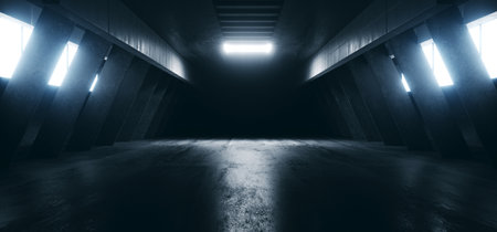 Modern Concrete Automotive Hangar Futuristic Showroom Clean Dark Cement Stage Warehouse Huge Tunnel Corridor Basement Underground Spotlight Grunge Realistic 3D Rendering Illustrationの写真素材