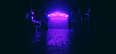 Industrial Futuristic Ultraviolet Cement Grunge Concrete Glossy Dark Underground Parking Garage Hangar Warehouse Showroom Studio Spaceship Realistic 3D Rendering Illustrationの写真素材