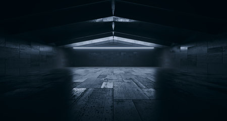Night Studio BackgroundSci Fi Futuristic Barn Neon Glowing  Lights Cyber Alien Futuristic Studio Corridor Tunnel Showroom Warehouse Metal Cement  3D Rendering Illustrationの写真素材