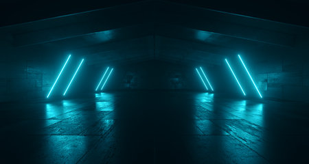 Night Studio BackgroundSci Fi Futuristic Barn Neon Glowing  Lights Cyber Alien Futuristic Studio Corridor Tunnel Showroom Warehouse Metal Cement  3D Rendering Illustrationの写真素材