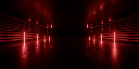 Cyber Alien Futuristic Studio Corridor Tunnel SHowroom Sci Fi Futuristic Neon Glowing  Ceiling Lights Barn Warehouse Metal Cement Night Studio Hangar 3D Rendering Illustrationの写真素材