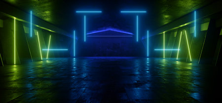 Cyber Retro Sci Fi Futuristic Neon Glowing Blue Green Vibrant Glowing Ceiling Lights Barn Warehouse Metal Cement Night Studio Hangar 3D Rendering Illustrationの写真素材