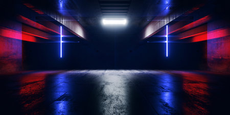 Cyber Garage Futuristic Stage Neon Laser Lights Commercial Backdrop Background Grunge Concrete Glossy VIbrant Empty Space Tunnel Corridor 3D Rendering Illustrationの写真素材