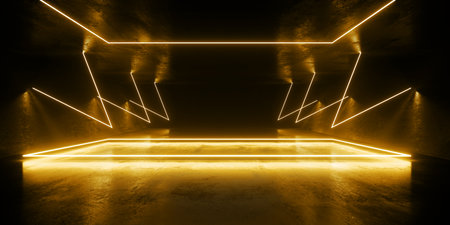 Sci Fi Stage Podium Cyber Concrete Gaming Warehouse Gaming Showcase Product Garage Grunge Neon Laser Glowing Vibrant Background Empty Hangar Studio Tunnel Background 3D Rendering Illustrationの写真素材