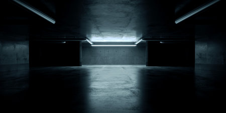 Grunge Sci Fi Concrete Background Cyber Clean Empty Studio Tunnel Corridor Dark Cement Asphalt Light Glow Parking Hangar Warehouse Underground 3D Rendering Illustrationの写真素材