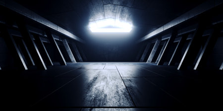 Modern Stage Empty Concrete Cement Grunge Warehouse Barn Tunnel Corridor Underground Cyber Hangar Showroom Background Spaceship 3D Rendering Illustrationの写真素材