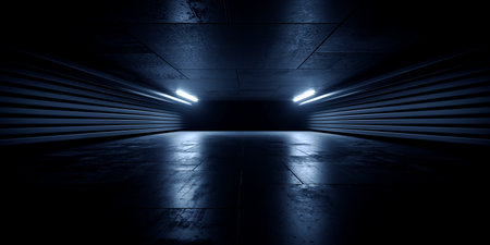 Modern Stage Empty Concrete Cement Grunge Warehouse Barn Tunnel Corridor Underground Cyber Hangar Showroom Background Spaceship 3D Rendering Illustrationの写真素材