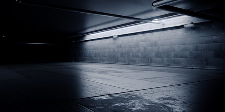 Modern Stage Empty Concrete Cement Grunge Warehouse Barn Tunnel Corridor Underground Cyber Hangar Showroom Background Spaceship 3D Rendering Illustrationの写真素材