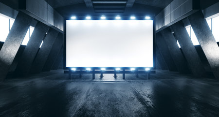 Sci Fi Spaceship Mockup Cyberpunk Empty White Billboard Advertisement Grunge Concrete Modern Warehouse Tunnel Corridor Factory Realistic Background 3D Rendering Illustrationの写真素材