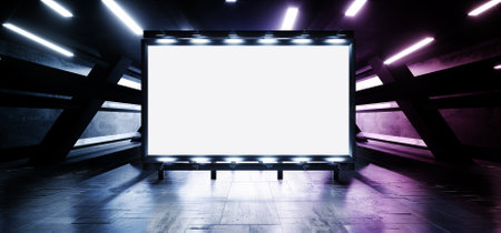 Sci Fi Billboard Modern Cyber Garage Grunge Hangar Showcase Advertise Big White Plane Alien Spaceship Futuristic Realistic Asphalt Cement Concrete Tunnel Warehouse 3D Rendering Illustrationの写真素材