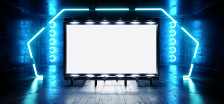 Sci Fi Billboard Modern Cyber Garage Grunge Hangar Showcase Advertise Big White Plane Alien Spaceship Futuristic Realistic Asphalt Cement Concrete Tunnel Warehouse 3D Rendering Illustrationの写真素材