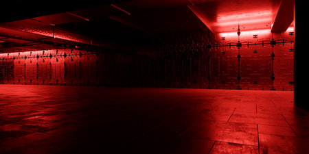 Red Neon Vibrant Glowing Lasers Sci Fi Cyber Futuristic Underground Metal Alien Shaped Walls  Garage...