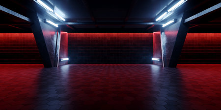 Modern Concrete Automotive Hangar Futuristic Showroom Clean Dark Cement Stage Warehouse Huge Tunnel Corridor Basement Underground Spotlight Grunge Realistic 3D Rendering Illustrationの写真素材