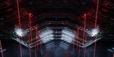 Sci Fi Futuristic Scaffold Metal Structure White Red Neon Lasers Modern Cyber Underground Tunnel...