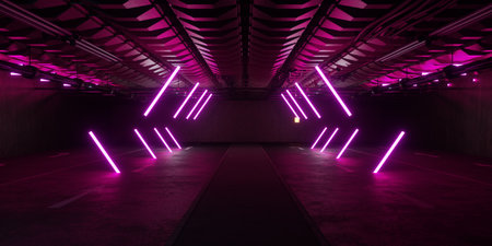 Cyberpunk Underground Concrete Laser Corridor With Industrial Tech Glow Lights Sci Fi Tunnel Interior Hallway Futuristic Structure and Neon Accents 3D Rendering Illustrationの写真素材