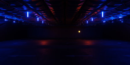 Abstract Futuristic Corridor With Neon Laser Lines Concrete Walls Tech Glow Sci Fi Industrial Structure Interior Space With Harsh Shadows and Geometry 3D Rendering Illustrationの写真素材