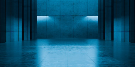 Modern Underground Massive Concrete Cement Blocks Hallway Room Tunnel Corridor Bunker Hangar Realistic Stage Lights Empty Warehouse 3D Rendering Illustrationの写真素材