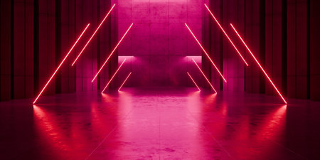 Modern Underground Massive Concrete Cement Blocks Hallway Room Tunnel Corridor Bunker Hangar Realistic Stage Lights Empty Warehouse 3D Rendering Illustrationの写真素材