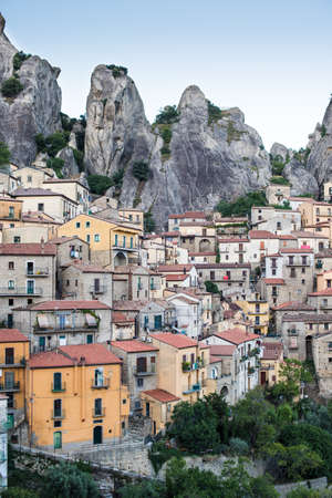 View of a beautiful and picturesque town between mountains. Castelmezzano, Italy.の写真素材