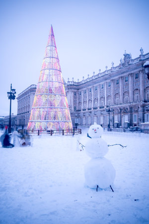 Royal Palace of Madrid on a cold winter day, after a heavy snowfall.のeditorial素材