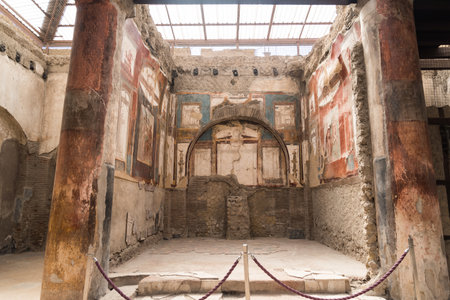 Paintings on the walls at the seat of the Augustan priests at the Roman archaeological site of Herculaneum, Italy.のeditorial素材