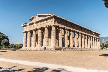 View of the Temple of Hera II at the Greco-Roman archaeological site of Paestum, Italy.のeditorial素材