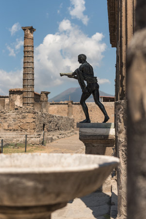 View of the volcano Vesuvius from the Temple of Apollo at the Roman archaeological site of Pompeii, in Italy.のeditorial素材