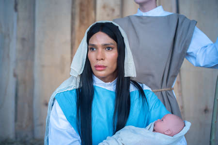 Transgender person representing the virgin mary in a Bethlehemの写真素材
