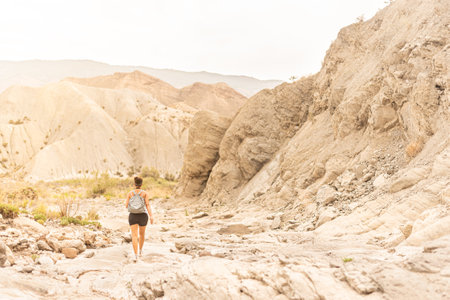 Unrecognizable traveler walking on sandy ground near mountainの写真素材