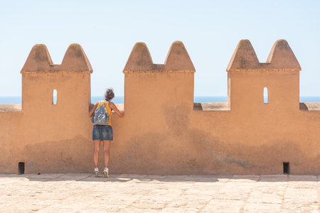 Anonymous female traveler near aged towers near seaの写真素材