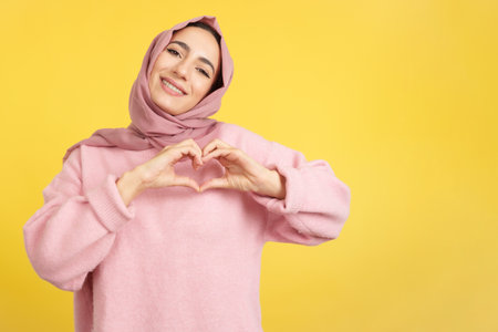 Muslim woman representing a heart shape of fingersの写真素材